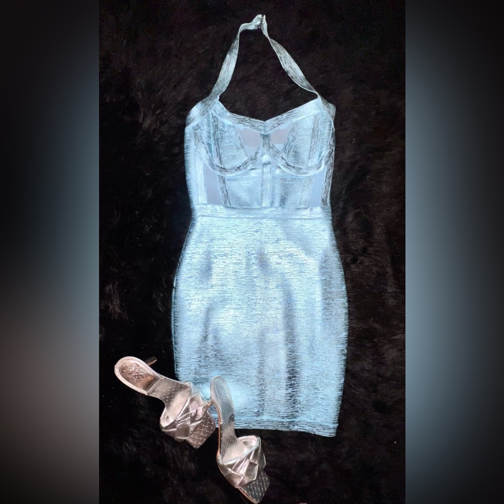 Elegant Blue and Silver Bandage Dress